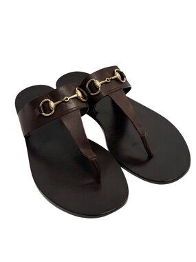 Gucci Brown Leather Horsebit Thong Sandals Flip Flops Italy